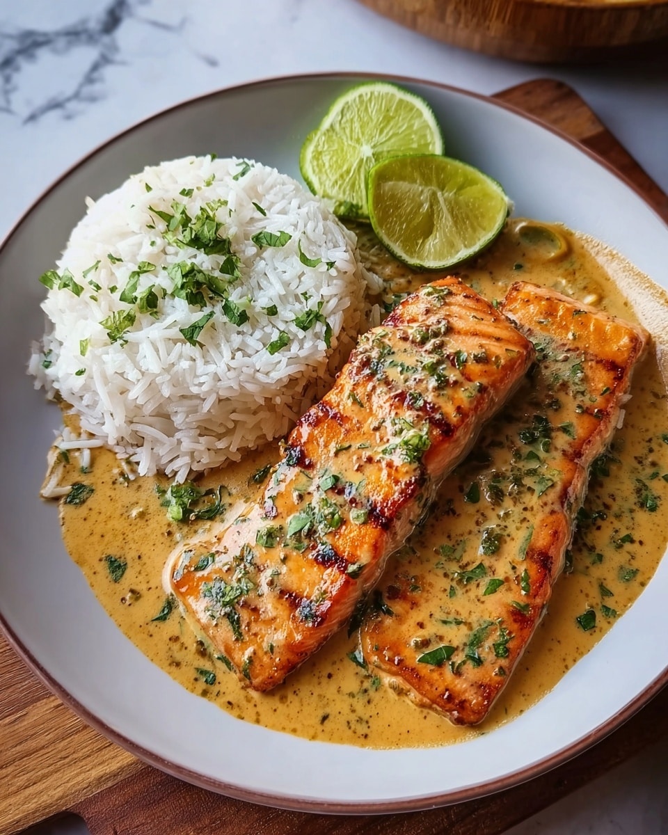 A white round plate holds two orange grilled salmon fillets lying side by side on the right half, covered with a creamy light brown sauce speckled with green herbs. On the left side, there is a mound of white rice topped with small green herb leaves. Two lime wedges rest at the top right edge of the plate. The plate is on a white marbled surface with a wooden board partially visible underneath. Photo taken with an iphone --ar 4:5 --v 7