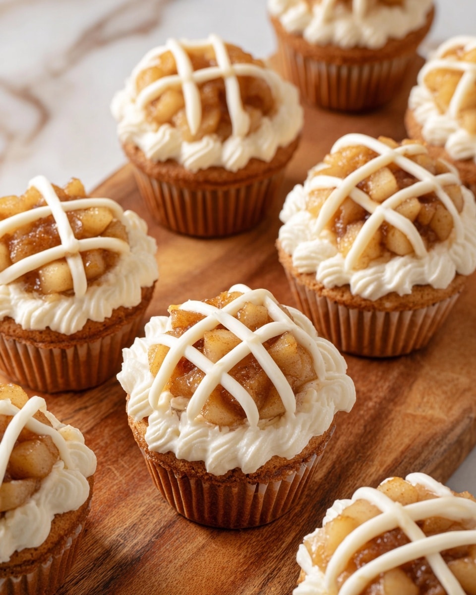The image shows several cupcakes on a wooden board. Each cupcake has three visible layers: the base is a light brown cake, topped with a layer of small golden-brown cooked apple pieces, and surrounded by thick off-white cream piped in a scalloped pattern around the edge. Some cupcakes have additional off-white cream in the form of two crossing stripes on top, creating a lattice design over the apple pieces. The texture of the apple topping looks soft and slightly shiny, while the cream is smooth with a slightly rough texture. The background surface is white marble. Photo taken with an iphone --ar 4:5 --v 7