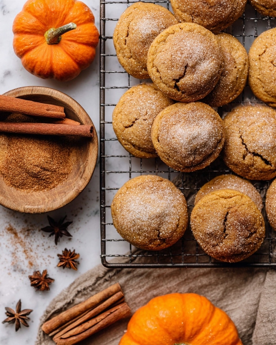 A stack of three soft, brown cookies sits on a metal cooling rack over a white marbled surface, with the top cookie having a bite taken out, showing a creamy white filling inside. The cookies have a rough, slightly cracked surface texture with a sugar and cinnamon coating. Surrounding the stack are more cookies, some whole and some broken, with visible white fillings. In the background, there are small orange and white pumpkins blurred softly against a dark backdrop. photo taken with an iphone --ar 4:5 --v 7