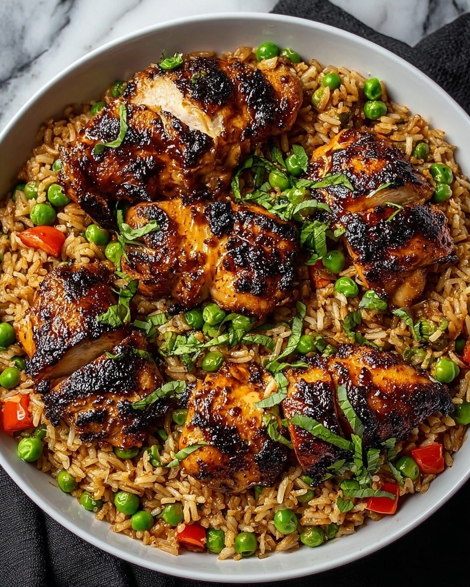 The dish shows a pan filled with two layers: the bottom layer is light brown cooked rice mixed with bright orange carrot pieces and green peas, giving a colorful look. On top, there are six pieces of browned, grilled chicken with a slightly crispy and dark charred skin all over. The pan sits on a white marbled surface, and the photo taken with an iphone --ar 4:5 --v 7