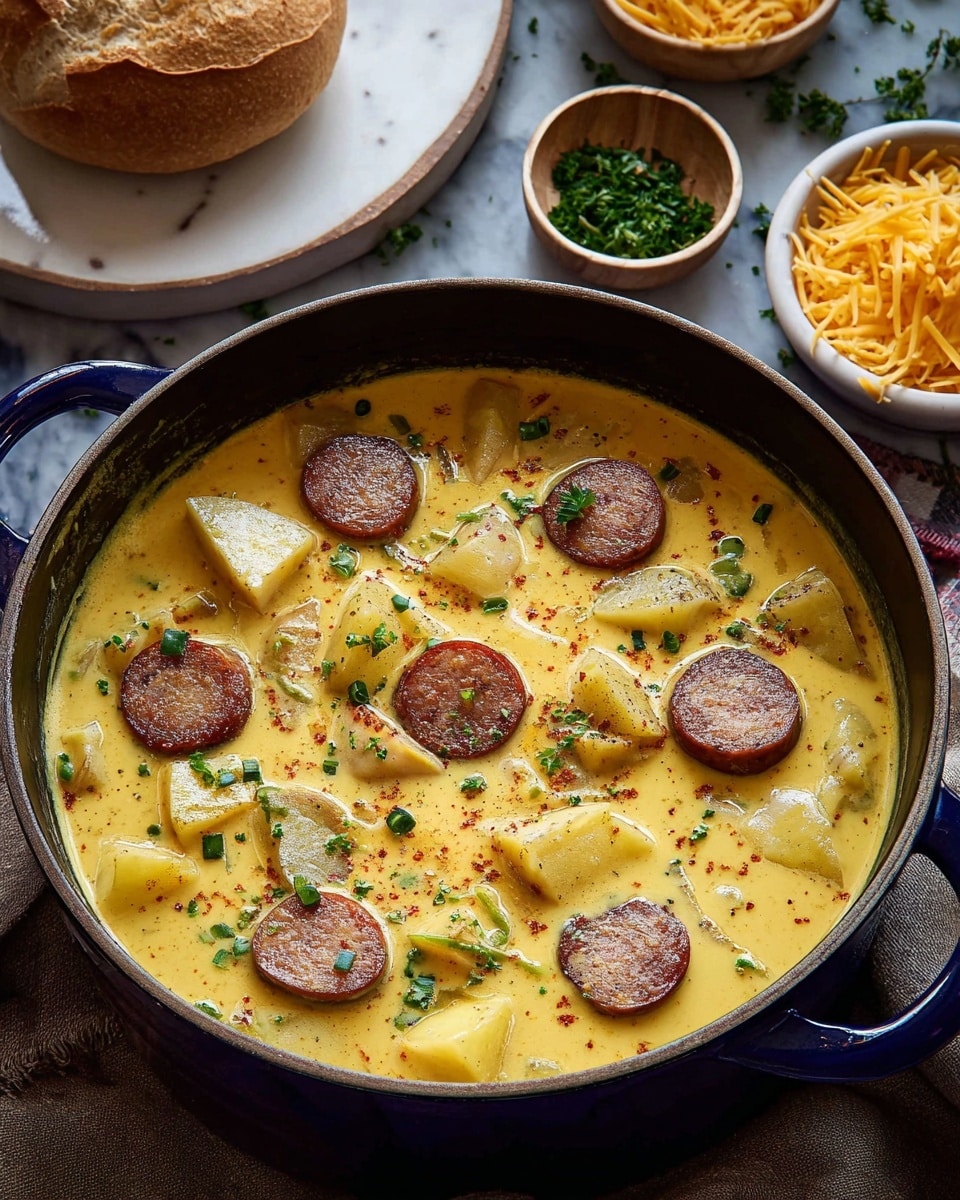 A black bowl filled with a creamy soup containing large chunks of light yellow potatoes and slices of browned sausage with a deep reddish color, along with small pieces of carrots and herbs sprinkled on top. A silver ladle is lifting a portion of the soup, showing the potato chunks and sausage slices close up, with the broth looking thick and smooth. The bowl is placed on a white marbled surface with a dark cloth nearby, and the background shows a bread roll and a blurred second bowl of soup. photo taken with an iphone --ar 4:5 --v 7