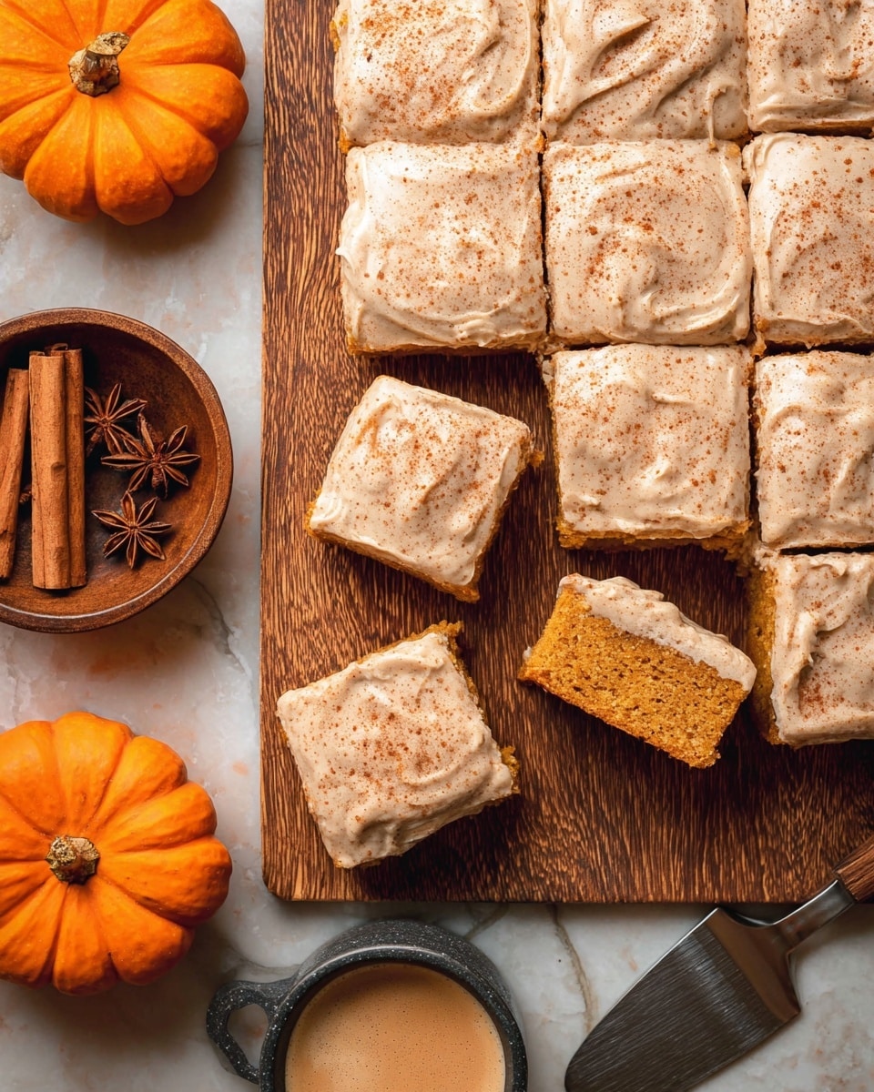 The image shows a close-up of a square piece of pumpkin cake with two layers: a moist, dense orange-brown cake base with small crumb textures and a thick, creamy light beige frosting layer on top sprinkled with a light dusting of cinnamon powder. The cake is on a wooden surface with a white marbled texture background, and star anise spices and a small orange pumpkin are placed nearby for decoration. Multiple similar pieces of cake are visible in the background, forming a neat row. photo taken with an iphone --ar 4:5 --v 7