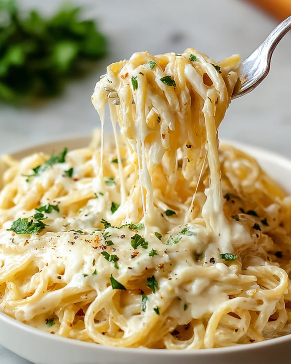 A white bowl filled with creamy spaghetti showing about two layers of pasta coated in a thick white sauce, sprinkled with small green herb leaves and a light dusting of grated cheese on top; a fork lifts a bundle of spaghetti strands covered in the sauce, with the background having a soft focus on more grated cheese and bread on a white marbled surface. photo taken with an iphone --ar 4:5 --v 7