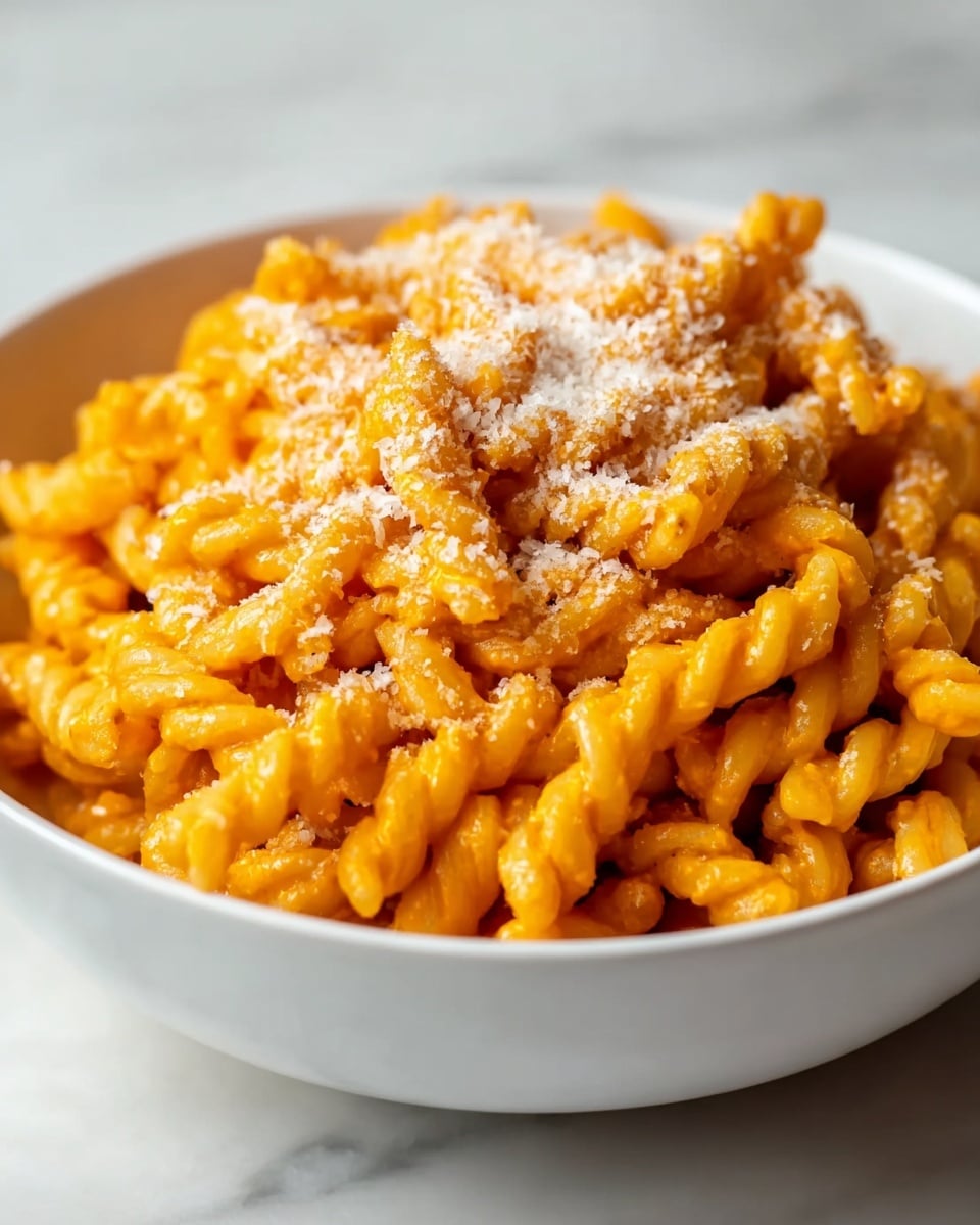 A white bowl filled with twisted pasta coated in a bright orange sauce, piled high and topped with a light dusting of grated cheese that adds a slightly grainy texture on top. The pasta looks soft and slightly shiny, with the sauce evenly covering each piece, giving it a smooth and creamy look. The bowl sits on a white marbled surface, and the background is softly blurred, keeping the focus on the pasta. photo taken with an iphone --ar 4:5 --v 7