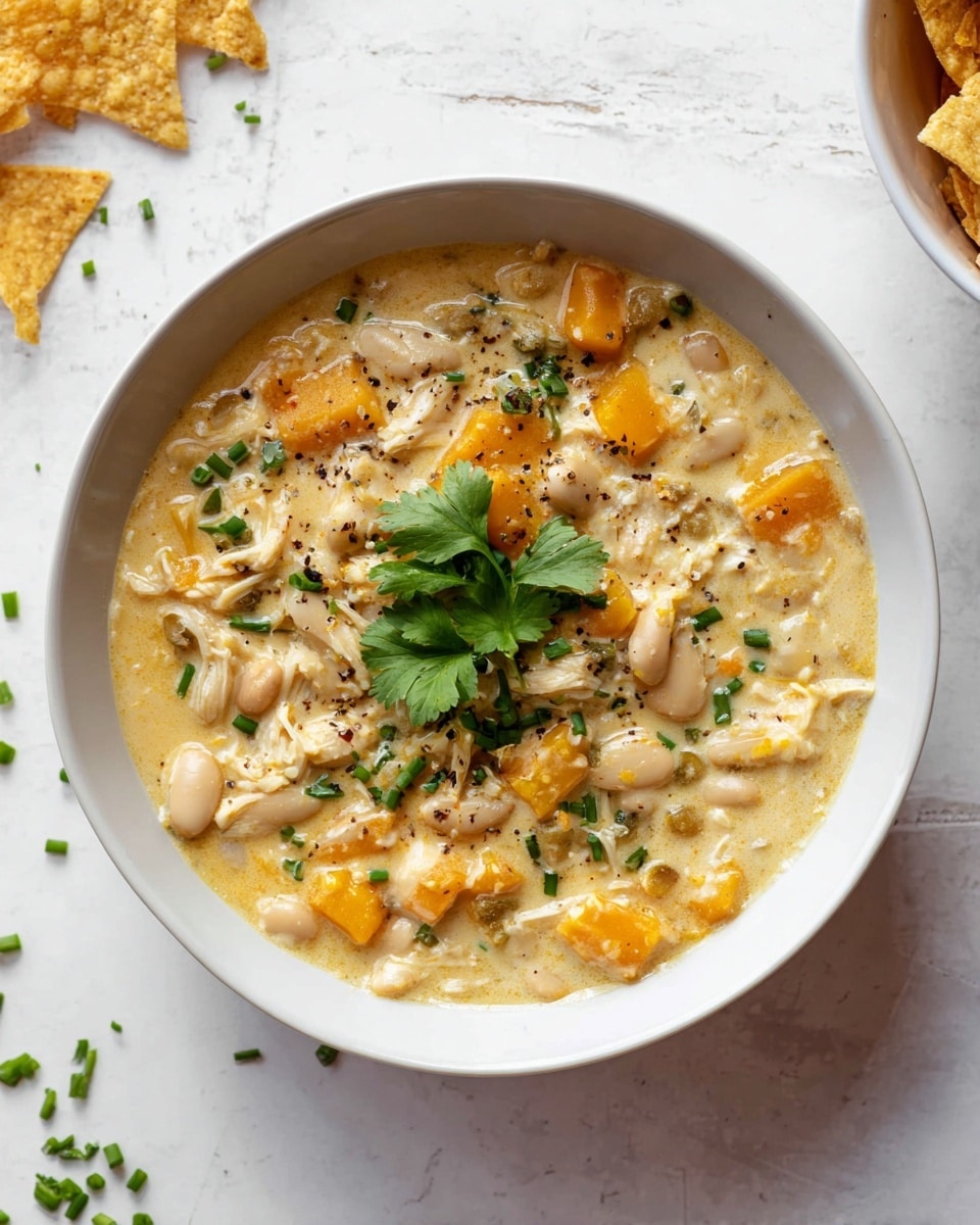 A white bowl filled with a creamy dish that has several layers and textures: chunks of orange-yellow squash, soft white beans, and shreds of light-colored chicken all mixed together in a thick, pale yellow sauce. The top is sprinkled with small green chives and a few black pepper specks, while a small bunch of fresh green cilantro leaves sits in the center as garnish. The bowl rests on a white marbled surface with some green stored grass around it and some crumbs scattered nearby. Photo taken with an iphone --ar 4:5 --v 7
