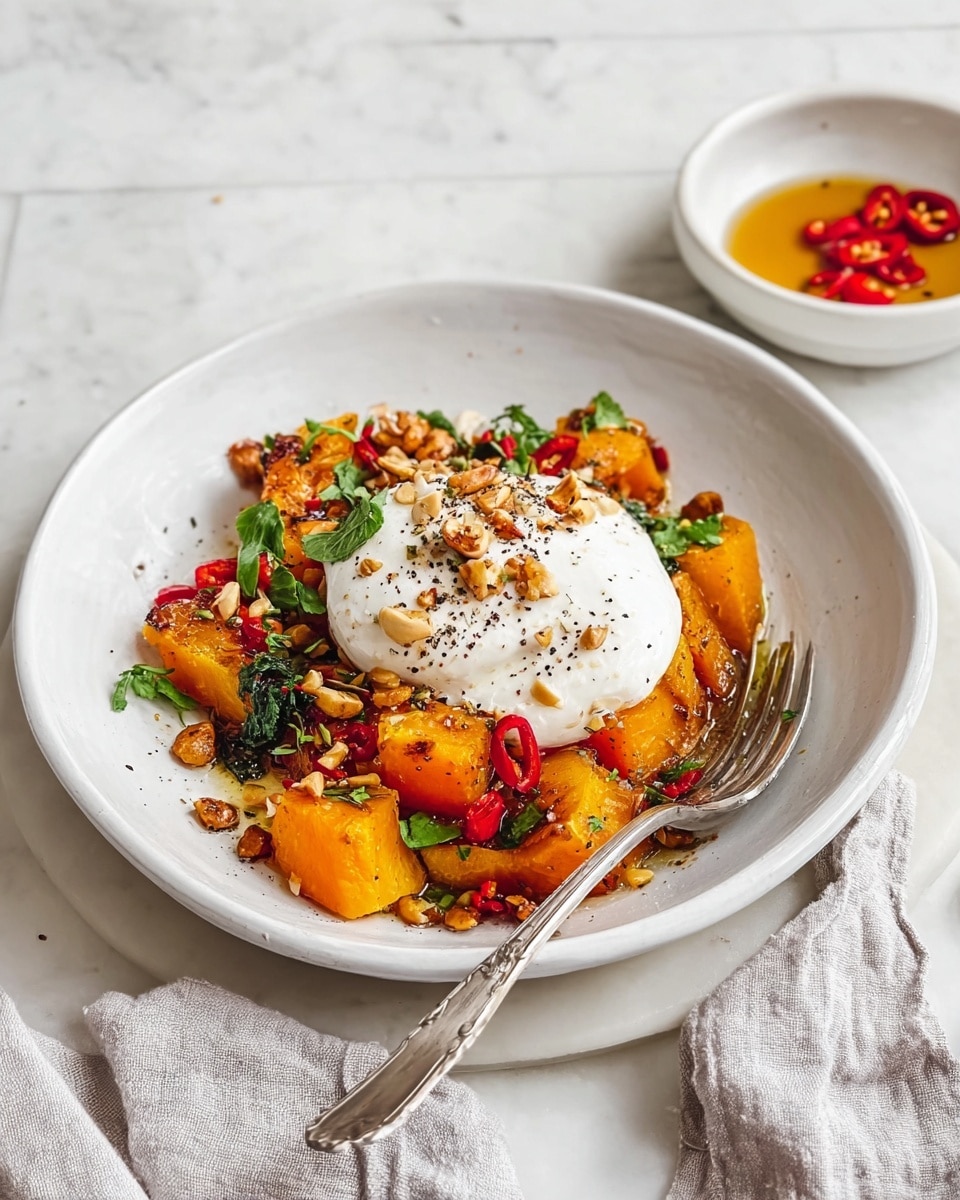 The dish is served in a white bowl on a white marbled surface, showing a layered mixture of roasted orange squash pieces with a slightly caramelized texture at the edges. On top, there is a smooth, white, round dollop of burrata cheese, sprinkled with cracked black pepper and small pieces of toasted nuts. Bright red slices of chili peppers and small green herb clusters are scattered around the squash, adding color contrast. A silver fork rests inside the bowl on the right side, and in the background, a small white bowl contains more chili slices in a liquid. A light gray cloth is casually placed near the bottom right corner. Photo taken with an iphone --ar 4:5 --v 7