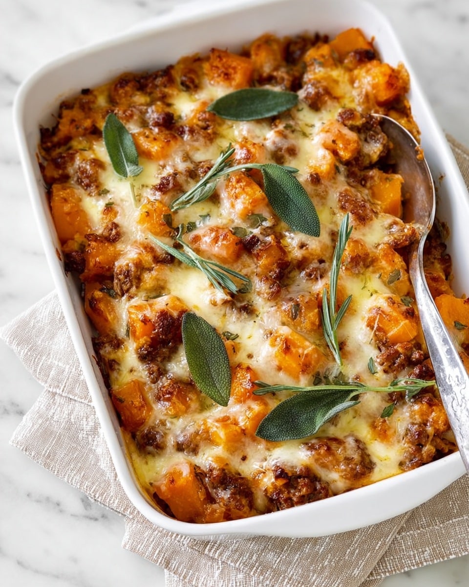 This image shows a white rectangular ceramic baking dish filled with a layered cooked meal. The bottom layer is made of small brown cooked bits that look like ground meat or lentils, topped with chunks of orange cooked butternut squash and light yellow cooked potatoes. The top layer is sprinkled with melted cheese that is lightly browned and bubbly. Large green sage leaves are placed evenly on top, adding color contrast and texture. The baking dish is set on a white marbled surface with a white and green patterned cloth underneath. Photo taken with an iphone --ar 4:5 --v 7
