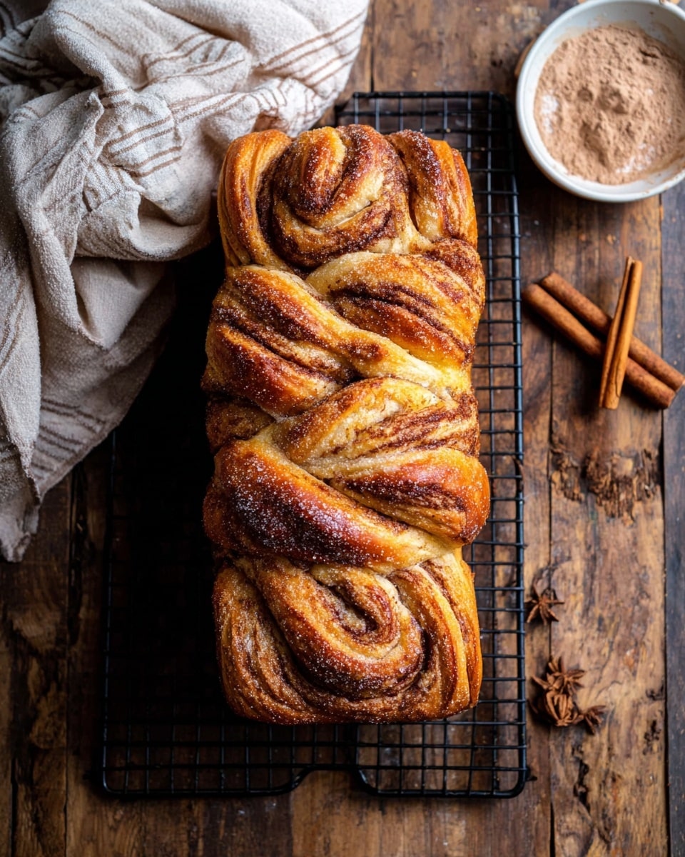 A stack of cinnamon swirl bread slices on a black wire rack lies on a rustic wooden table. The bread has a golden-brown crust with visible cinnamon sugar layers spiraled inside each soft slice. Several cinnamon sticks are placed on the rack near the bread. To the right, a small white bowl filled with cinnamon sugar and a golden spoon rests on the surface, with two cinnamon sticks leaning on the bowl. A folded beige and black cloth sits in the top left corner. The background is a white marbled texture. photo taken with an iphone --ar 4:5 --v 7