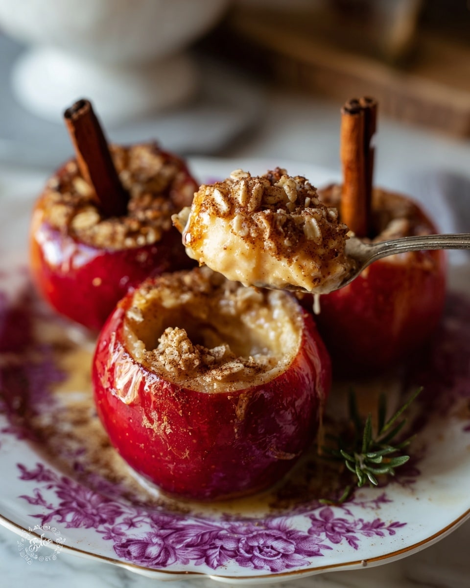 Three red apples are hollowed and filled with a crumbly oat and brown sugar mixture, each topped with a cinnamon stick standing upright in the center. The apples are arranged on a white plate with purple vintage floral patterns, with green rosemary sprigs and extra cinnamon sticks placed decoratively around them. The plate sits on a surface covered with old newspaper pages, and the background includes soft focus elements like a blue patterned jar and an orange container. The scene is warm with natural lighting. photo taken with an iphone --ar 4:5 --v 7