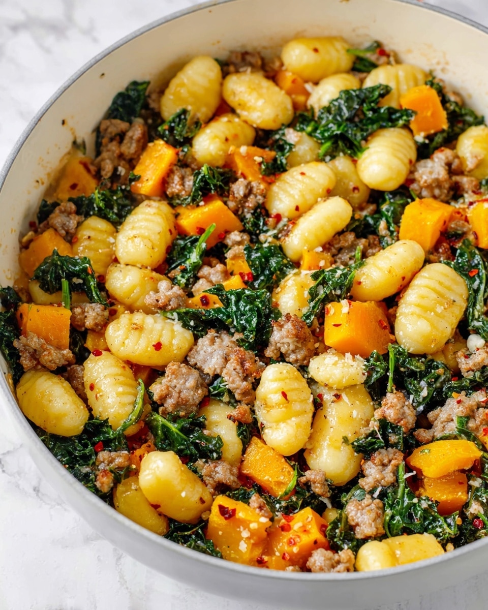 A close-up view of a white deep pan filled with a cooked dish made of small, yellow gnocchi shaped with ridges, chunks of orange butternut squash, green leafy kale pieces, and brown crumbled sausage mixed throughout. The gnocchi are soft and plump, the squash pieces are cubed and tender, and the kale is wilted with a slight shine. The sausage is browned and crumbly, blending well with the other ingredients. Tiny red pepper flakes are sprinkled evenly on top, adding small red spots for contrast. The pan sits on a white marbled surface with soft lighting highlighting the textures. photo taken with an iphone --ar 4:5 --v 7