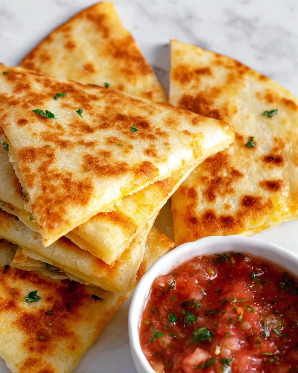 The image shows five pieces of golden brown quesadilla triangles stacked slightly on top of each other with small green herb bits scattered on them. Each triangle has a crisp, toasted texture with darker brown spots and a soft, light golden center. The quesadillas are placed next to a white small bowl filled with chunky red salsa that has visible bits of green herbs and tomatoes. The background features a white marbled surface. photo taken with an iphone --ar 4:5 --v 7