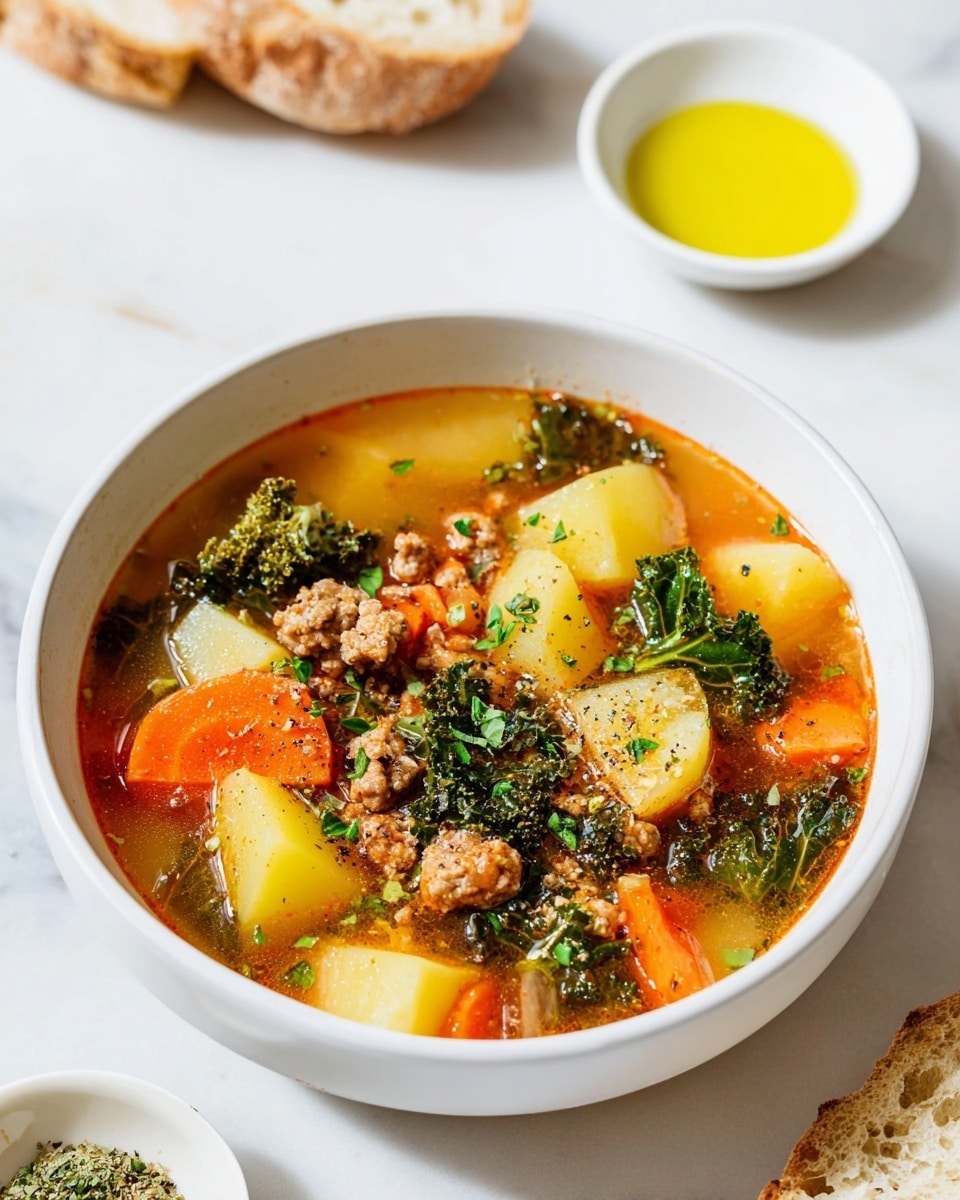 A white bowl filled with a colorful soup showing three main layers: the bottom layer is a light red broth with a smooth texture, the middle layer has tender chunks of light yellow potatoes and bright orange carrot slices, and the top layer features green leafy kale and small pieces of browned ground meat. The ingredients float in the broth with a sprinkle of black pepper and fresh green herbs on top. The bowl sits on a white marbled surface with a small white bowl of yellow olive oil and some bread in the background. Photo taken with an iphone --ar 4:5 --v 7
