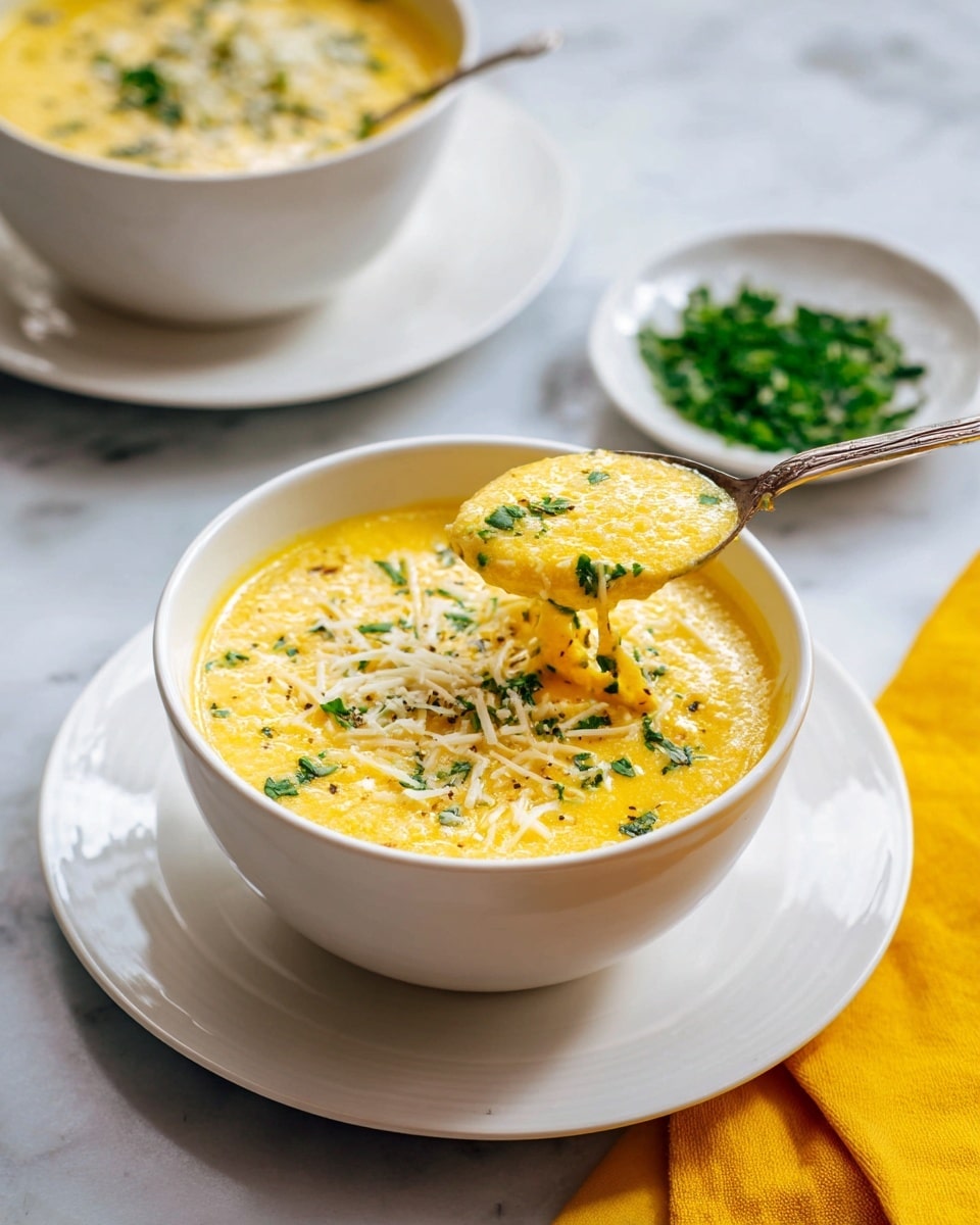 The image shows a white cup filled with a thick, yellow soup that has small, grain-like textures throughout it. A wooden spoon is lifting some soup out of the cup, showing the smooth and slightly chunky consistency. The cup sits on a matching white saucer, and a metal spoon rests beside it. The background features a white marbled surface and a yellow cloth is partially visible under the saucer. Photo taken with an iphone --ar 4:5 --v 7