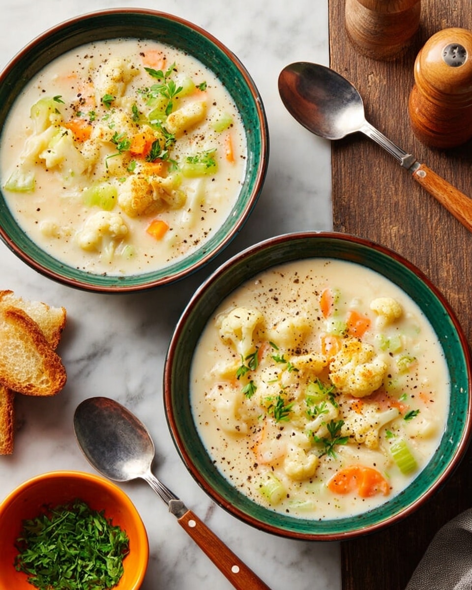 A large round dark pot filled with creamy soup that has a light beige color. The soup has visible small chunks of cauliflower, thin orange carrot strips, and green celery pieces scattered throughout. A wooden ladle with a round head rests in the pot, holding a scoop of the soup with a large piece of cauliflower clearly visible inside the ladle. The pot is set on a teal cloth on a dark wooden table with visible grain lines. The overall look is warm and comforting. photo taken with an iphone --ar 4:5 --v 7