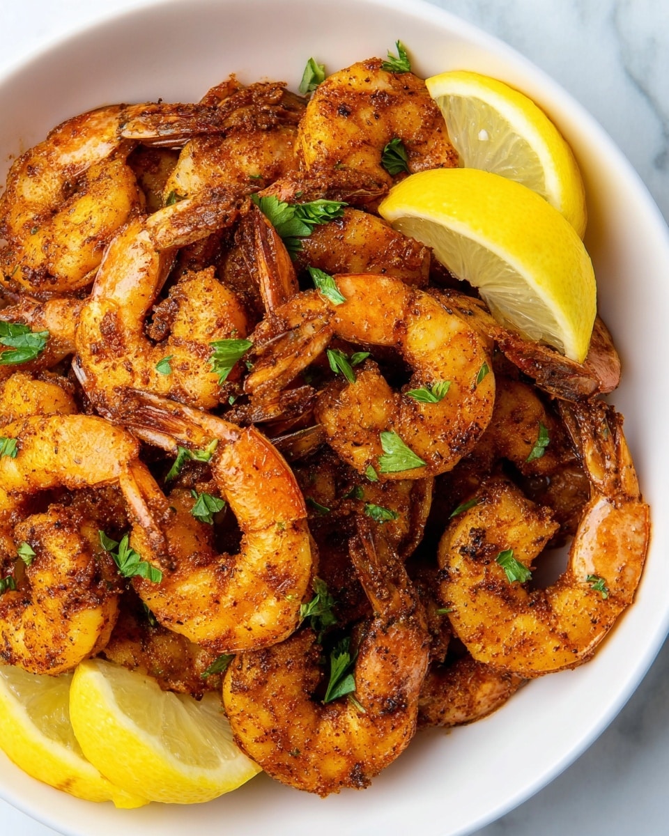 A white bowl holds a dish with three main layers. The bottom layer is light cream-colored wide flat noodles, spread loosely around the bowl with a soft texture. On top of the noodles is a layer of browned, seasoned shrimp, each shrimp reddish-orange with darker spices on the surface, arranged closely to cover the noodles. Garnishing the shrimp and noodles are small green parsley leaves scattered around. Resting on the rim of the bowl is a thick slice of golden toasted garlic bread with visible herbs. A yellow lemon wedge is placed on the noodles beside the shrimp. The bowl sits on a white marbled surface, with a white cloth napkin with yellow floral prints nearby, and a glass with a light drink partially visible to the side. Photo taken with an iphone --ar 4:5 --v 7