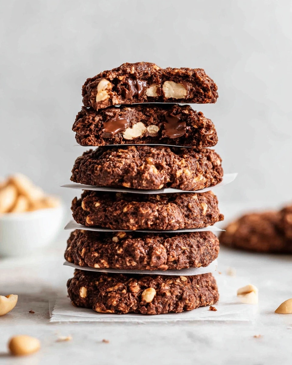 A stack of five thick chocolate cookies is shown close up on a white marbled surface. Each cookie is dark brown with a rough texture, filled with small white nut pieces and chocolate chunks embedded throughout. The cookies look soft but firm, piled neatly one on top of the other, with some crumbs scattered around. The background is blurred with a light, clean look, highlighting the rich color and texture of the cookies. photo taken with an iphone --ar 4:5 --v 7