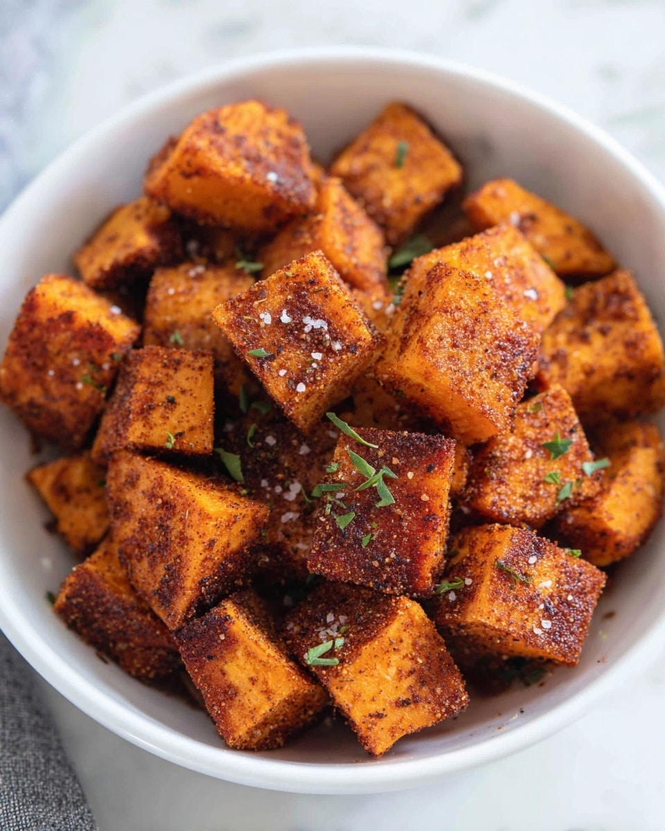A close-up view of a white bowl filled with roasted sweet potato cubes. The cubes have a rough, crispy-looking skin with a bright orange color, covered evenly with a dark red-brown spice powder and sprinkled with coarse salt flakes. Small bits of green herbs are scattered on top. The bowl rests on a white marbled surface. photo taken with an iphone --ar 4:5 --v 7