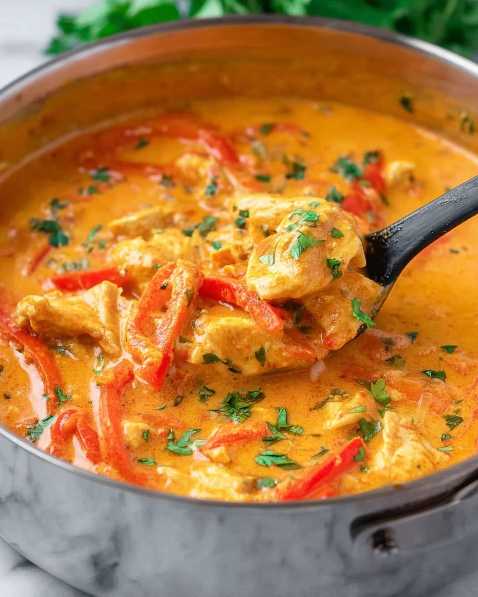 A close-up view of a black spoon holding a creamy orange curry with visible chunks of light-colored chicken, thin slices of red bell pepper, and some green leafy herbs mixed in. The curry sauce looks thick and rich with a smooth texture, and the background is slightly blurred, showing more of the same curry. The whole scene is set against a white marbled surface. photo taken with an iphone --ar 4:5 --v 7