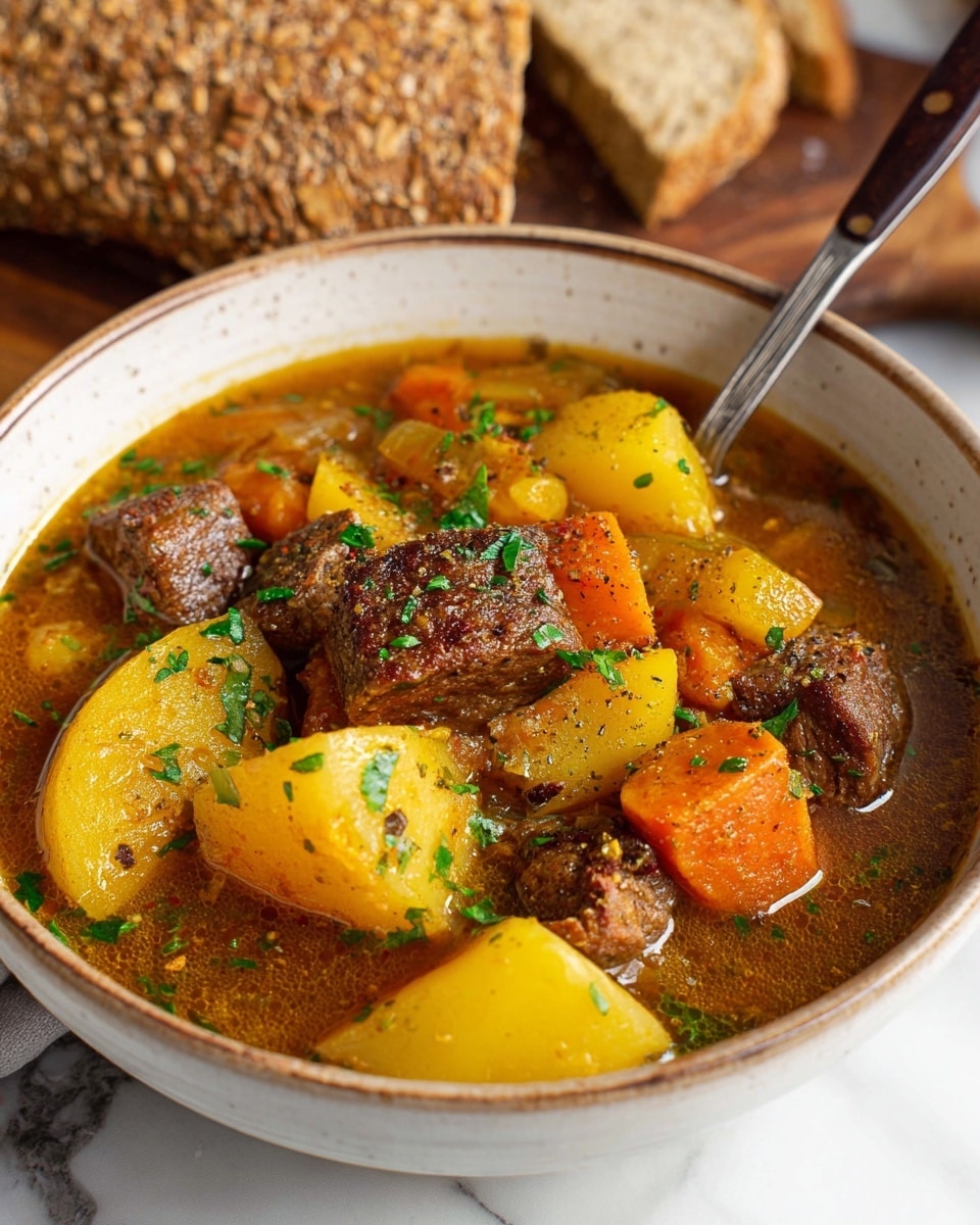 A white bowl filled with a stew containing three visible layers of ingredients: the bottom layer has rich brown broth, above it large chunks of yellow potatoes and orange carrots, and the top layer features browned meat pieces sprinkled with chopped green herbs and black pepper. A silver spoon with a dark handle rests inside the bowl on the right side. In the background, there is a large thick slice of oat-topped brown bread, all placed on a white marbled surface. photo taken with an iphone --ar 4:5 --v 7