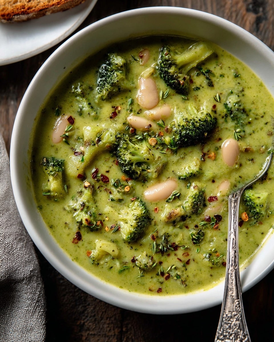 A white bowl with a thin dark rim holds a creamy green soup filled with visible small broccoli florets, white beans, small chunks of vegetables, and tiny green herb leaves sprinkled on top. The texture of the soup looks rich and smooth, covering all the solid ingredients evenly. A silver spoon with an intricate handle rests inside the bowl, partially submerged in the soup. The bowl is set on a rough wooden surface next to a folded gray cloth. To the right, a piece of toasted bread with a golden-brown crust sits on a white plate. photo taken with an iphone --ar 4:5 --v 7
