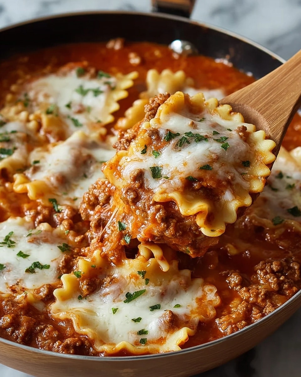 A close-up of a pan filled with lasagna soup showing layers of wide, wavy-edged pasta sheets covered with a thick, chunky red tomato sauce mixed with browned ground meat. Melted white cheese sits on top in patches, slightly browned and bubbling, sprinkled with small bits of green herbs. A wooden spoon lifts a portion of pasta layered with the sauce and meat, displaying a rich texture. The pan is set on a white marbled surface, with warm and inviting colors. photo taken with an iphone --ar 4:5 --v 7