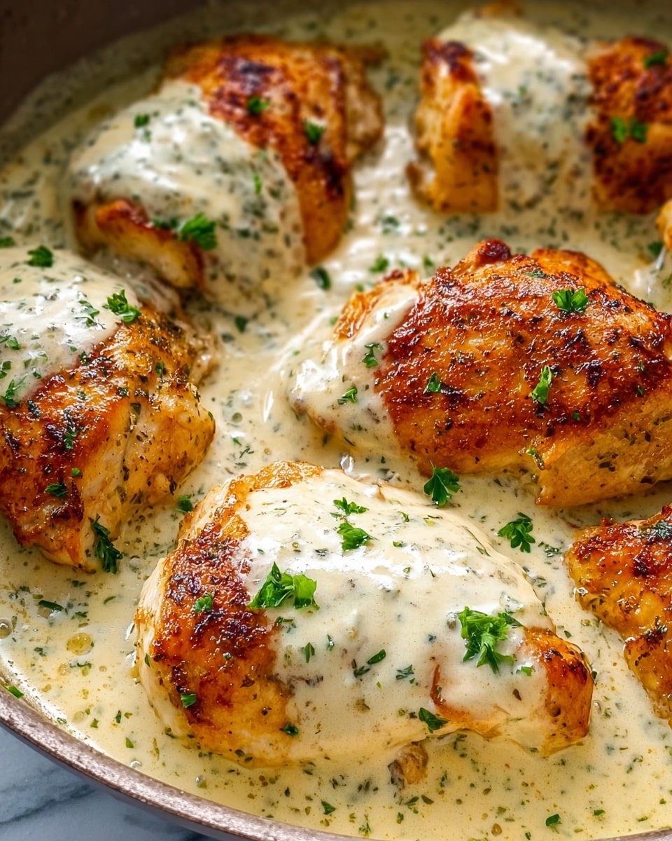 A close-up view of several slices of golden brown cooked chicken layered in a pan, each piece covered with a creamy, light beige sauce that has green herb specks throughout. One piece is held up on a dark spoon, showing the moist, white inside of the chicken with the sauce dripping slightly off the edges. The sauce looks smooth and rich, pooling at the base with visible seasoning and herbs. The background is a white marbled texture. photo taken with an iphone --ar 4:5 --v 7