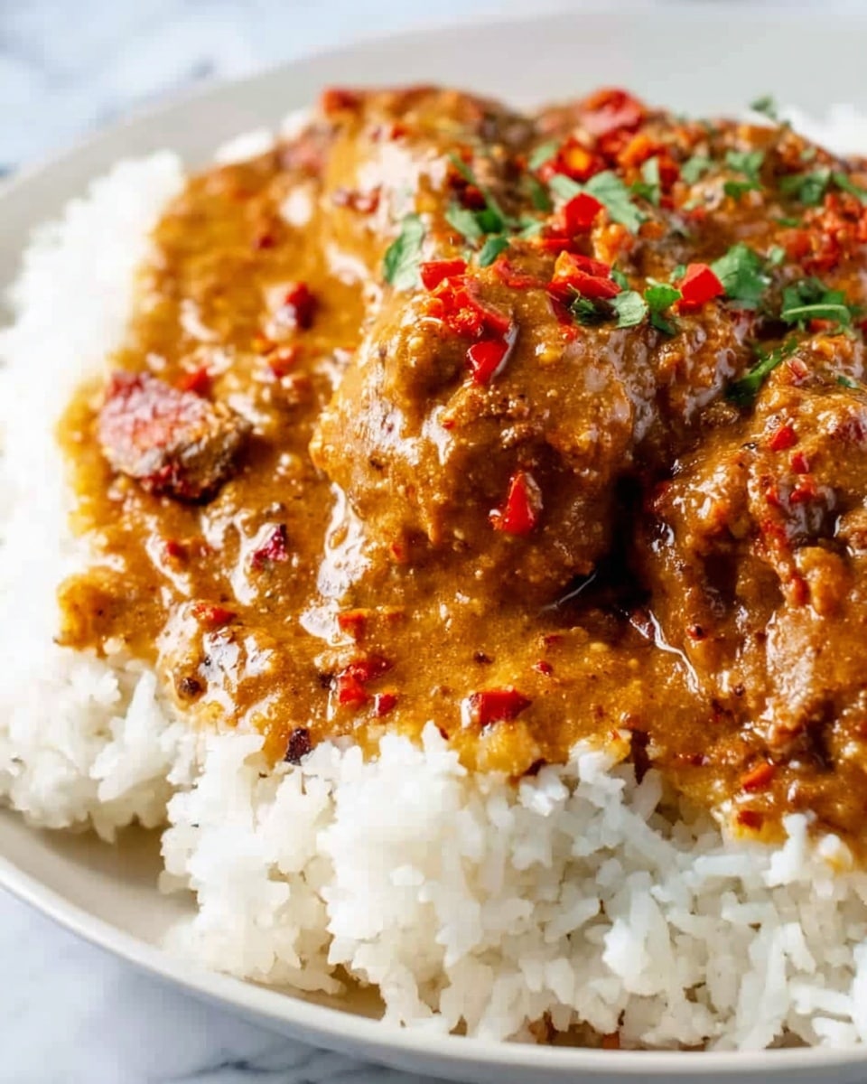 The image shows a close-up view of a dish with two layers: the bottom layer is white rice with a fluffy texture, and the top layer is a thick, creamy sauce with a brownish red color dotted with small pieces of red peppers and spices. The sauce looks rich and slightly glossy, covering a portion of the rice irregularly. The dish is placed on a white plate that sits on a white marbled surface. photo taken with an iphone --ar 4:5 --v 7