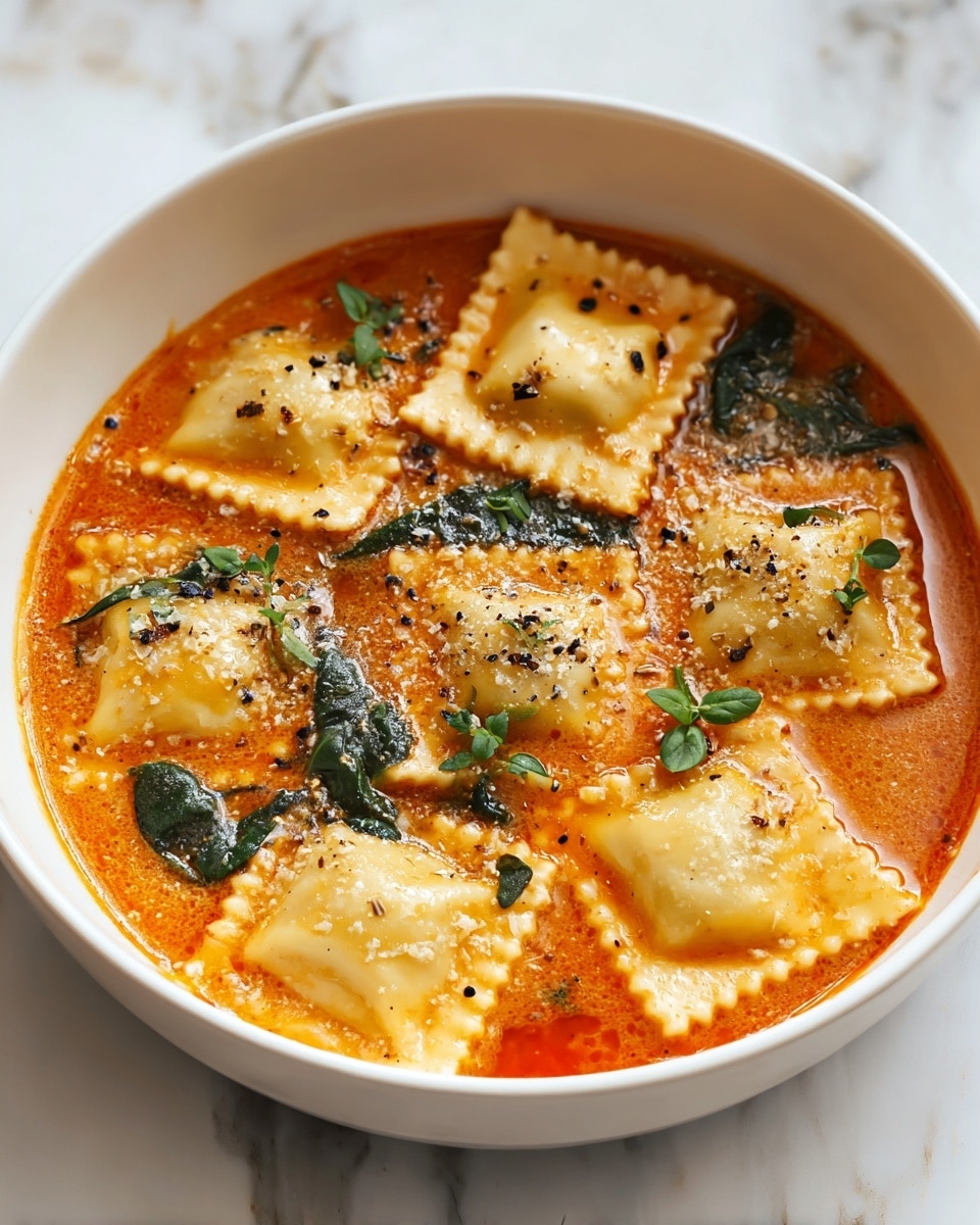A white bowl filled with a rich orange-red broth, topped with eight plump square ravioli pieces in a light beige color, each having delicate crimped edges. Dark green spinach leaves float between the ravioli, adding contrast, while small black pepper flecks and a few green herb sprigs are sprinkled on top of the broth and pasta. The broth has an oily sheen and some cream swirls, giving it a smooth texture. The bowl sits on a white marbled surface. Photo taken with an iphone --ar 4:5 --v 7