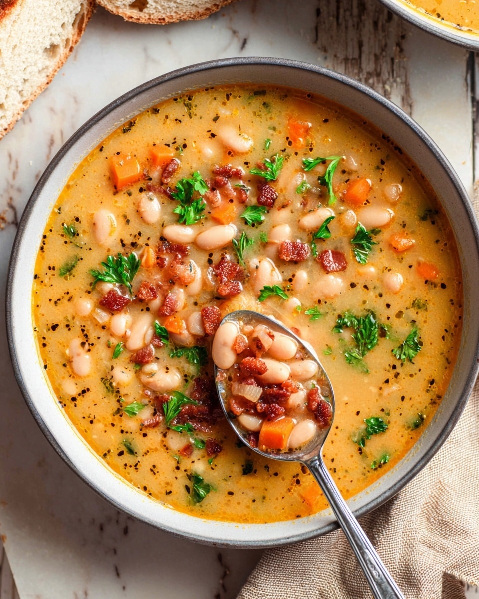 A close-up of a thick, creamy soup served in a white bowl, showing a mix of small white beans, orange carrot slices, and green celery pieces in a light orange broth. The soup is topped with small dark reddish-brown bacon bits and fresh green parsley leaves scattered on top. The surface beneath the bowl is a white marbled texture, and the image captures a cozy, warm meal vibe. photo taken with an iphone --ar 4:5 --v 7