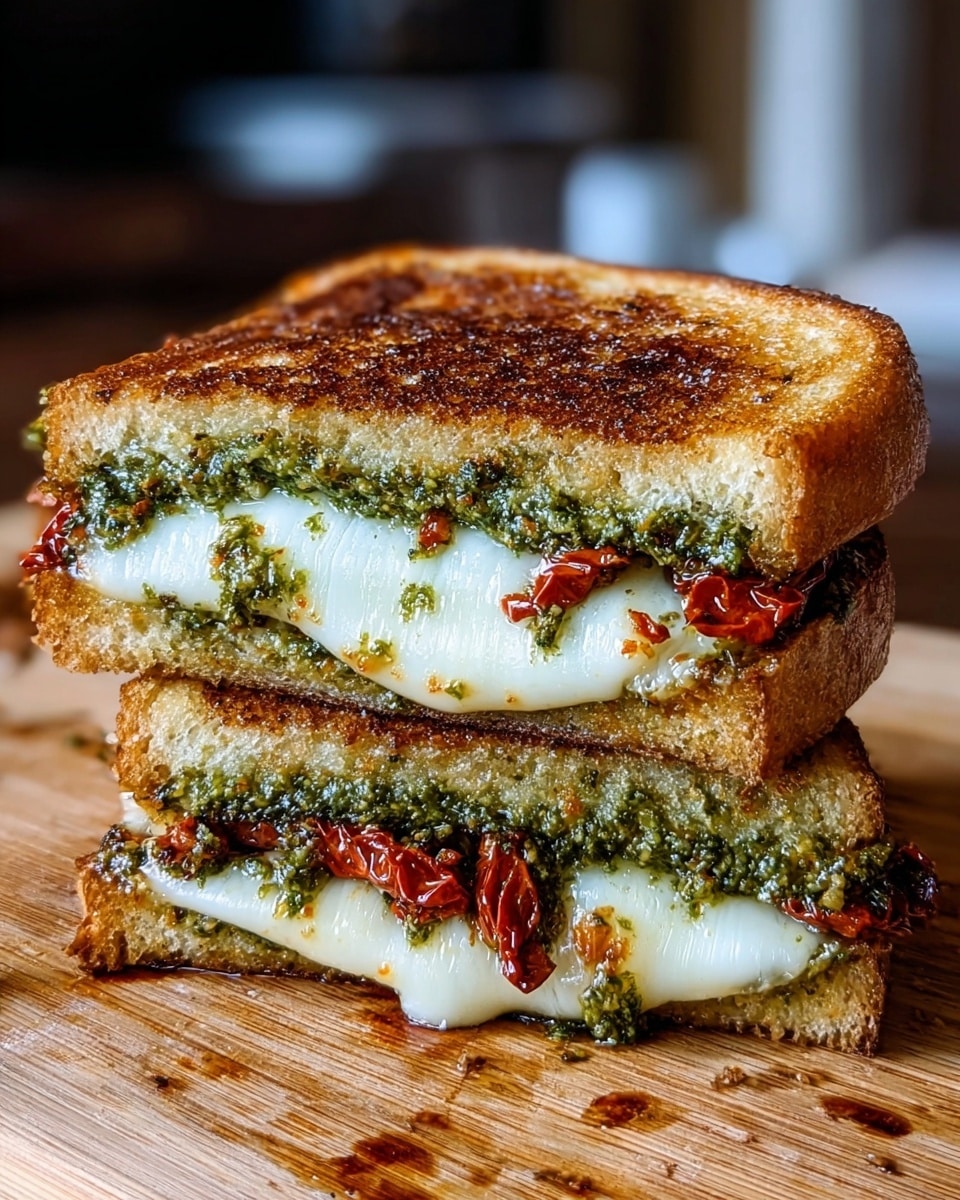 A toasted sandwich cut in half and stacked, showing two layers: the outer layer is golden brown toasted bread with a crispy texture; inside, there is a layer of melted white cheese stretching slightly between the halves, a bright green pesto sauce spread evenly, and pieces of red sun-dried tomatoes adding texture and color contrast. The sandwich sits on a wooden surface with visible crumbs and slight oil spots. The background is softly blurred to keep focus on the sandwich. photo taken with an iphone --ar 4:5 --v 7