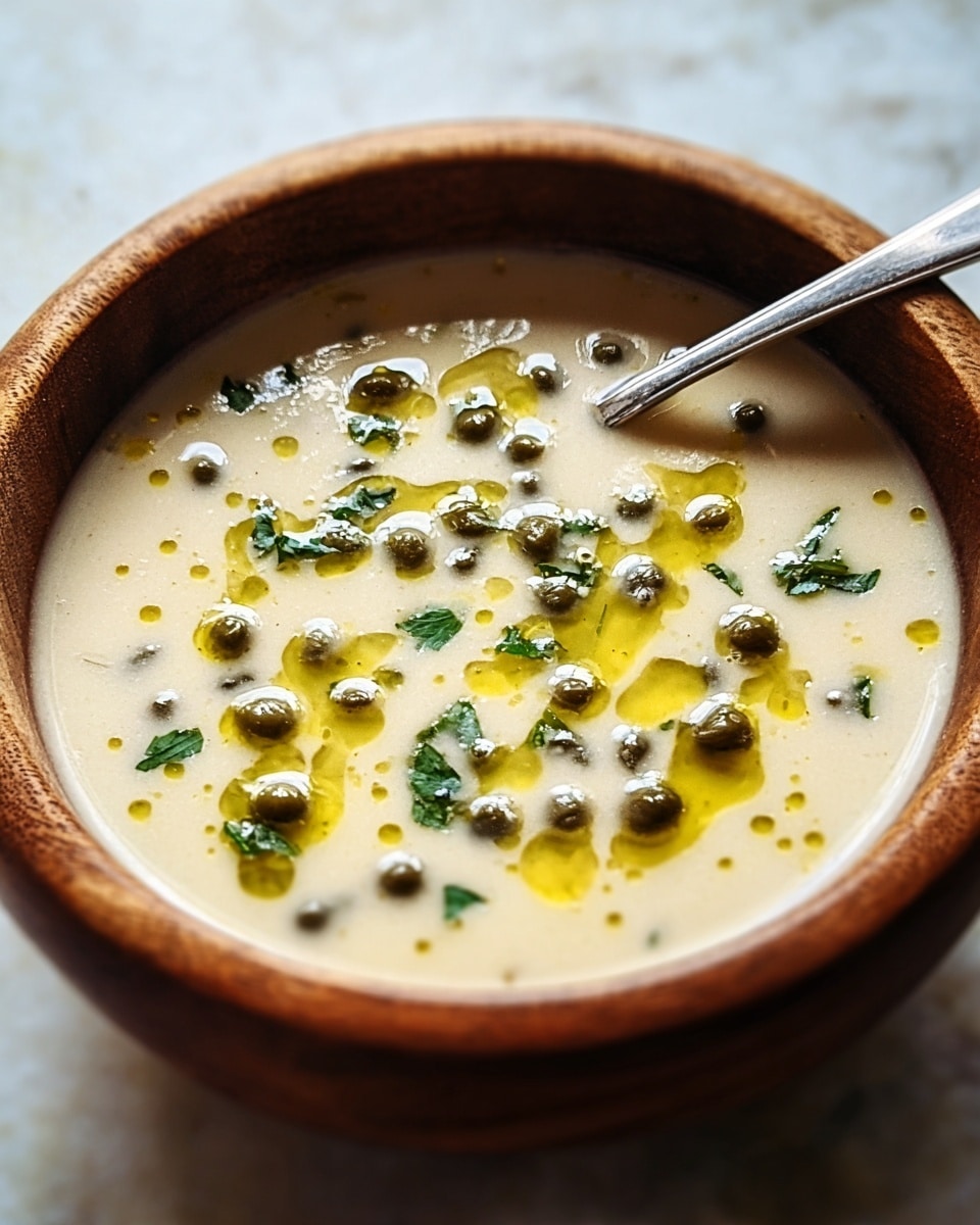 The image shows a close-up of a spoon filled with creamy caper sauce. The sauce is thick and yellowish with small dark specks of pepper and many small green capers scattered throughout. The spoon is shiny and silver, and it hovers just above a bowl holding more of the same sauce. The bowl is white. The surface beneath the bowl has a white marbled texture. The image captures the texture of the sauce and the round capers clearly, with soft light reflecting on the liquid. photo taken with an iphone --ar 4:5 --v 7
