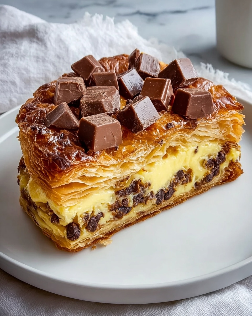 A round pastry with many flaky, golden-brown layers is shown on a white plate. The inside reveals a creamy yellow custard layer mixed with small dark chocolate chunks near the base. On top, there are several larger milk chocolate pieces and chunks scattered over the pastry. The pastry edges appear crisp and slightly caramelized. The background is a soft, white cloth with a white marbled surface underneath the plate. Photo taken with an iphone --ar 4:5 --v 7