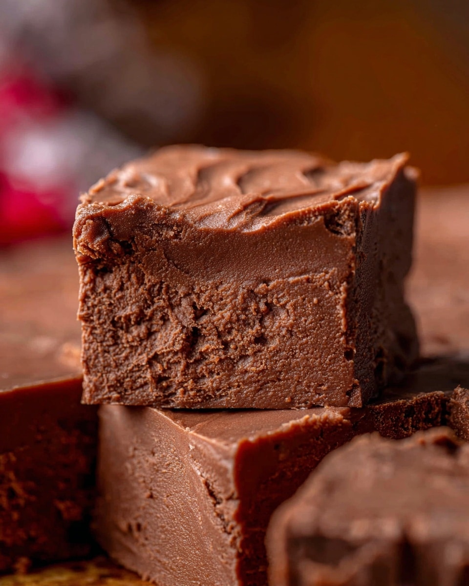 The image shows a close-up of three thick pieces of rich chocolate fudge placed side by side on a light brown parchment paper. Each piece reveals a dense, slightly crumbly texture with fine cracks on the smooth top surface and more rough, chunky sides. The deep brown color dominates the fudge, highlighting its moist and fudgy look. In the background, there is a blurred pattern of red and white, adding a soft contrast to the focused chocolate treats. The whole scene sits on a white marbled surface. photo taken with an iphone --ar 4:5 --v 7