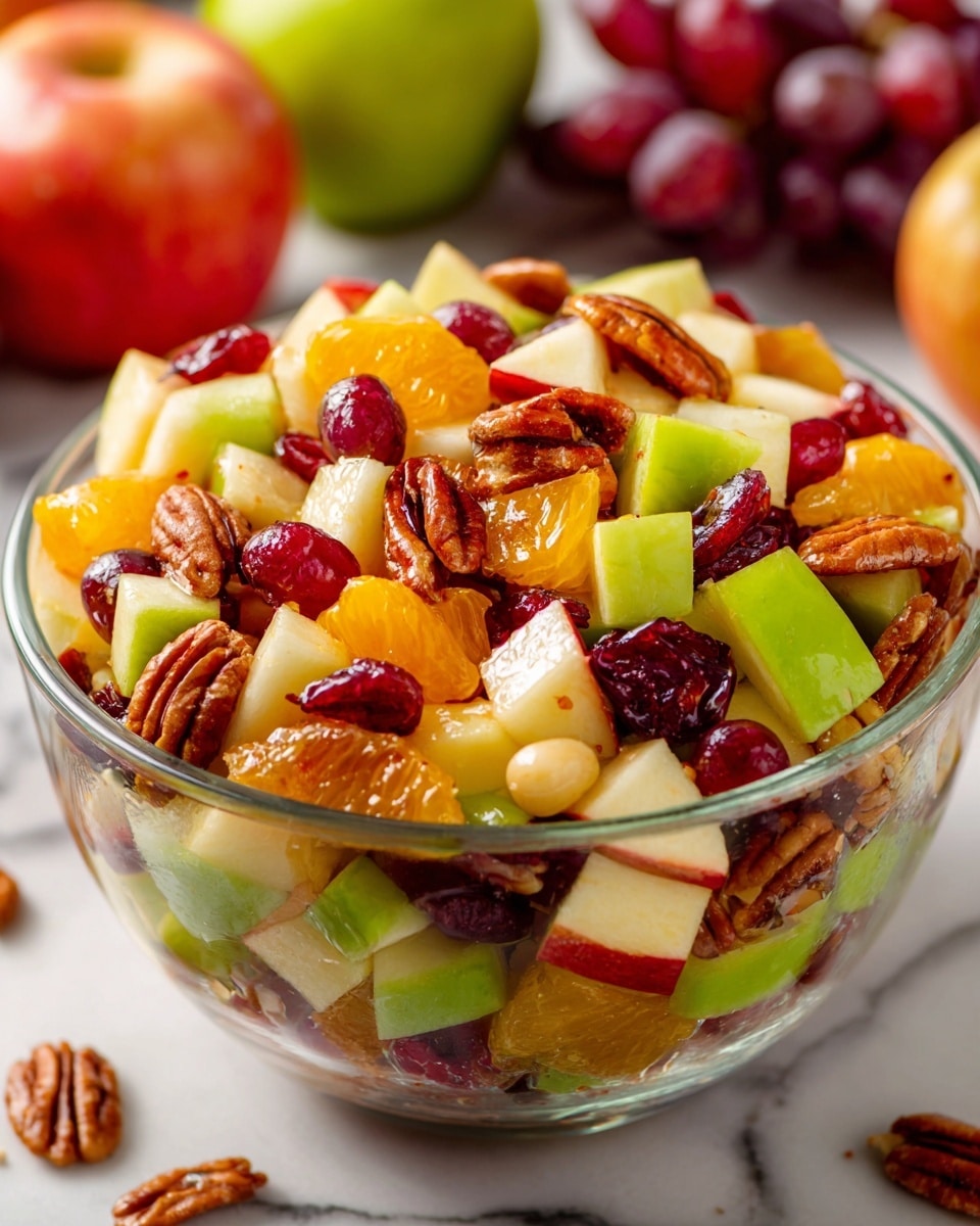 A clear glass bowl is filled with a colorful fresh fruit salad, showing layers of chopped green and red apple pieces, orange slices, red grapes, dried cranberries, and whole pecans. The fruits are cut into similar small chunks, mixed evenly throughout the bowl, creating a vibrant mix of red, green, orange, and brown colors. The bowl sits on a white marbled surface, with some green grapes and pecans scattered around it, and a small glass bowl of light orange dressing placed on the side. Photo taken with an iphone --ar 4:5 --v 7