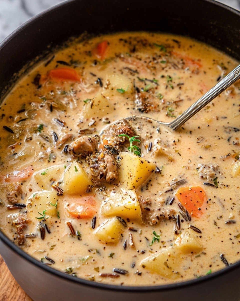 The image shows a close-up of a creamy soup with several visible layers and textures. The base is a thick, creamy light brown broth filled with soft chunks of pale yellow potatoes and small orange carrot pieces. Scattered throughout the soup are browned, textured meat pieces and thin dark strands of wild rice. The surface is sprinkled lightly with fresh green herbs and black pepper. The dish is in a black pot, with a metal spatula partially visible stirring the soup, all placed on a white marbled surface. photo taken with an iphone --ar 4:5 --v 7