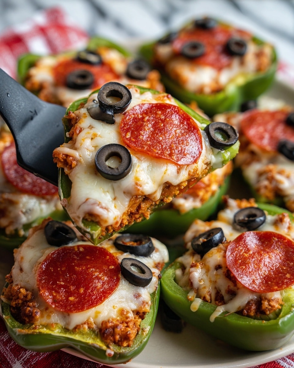 The image shows stuffed green bell pepper slices topped with melted white cheese, two round red pepperoni slices, and black olive rings. Each pepper slice is filled with a crumbly, orange-brown mixture beneath the cheese. A black spatula holds one pepper slice in the foreground, showing details of the toppings and filling. In the background, more stuffed pepper slices are arranged on a plate with a red and white checkered cloth beneath. The colors are green, red, white, black, and orange, with a close-up focus on the textures of the cheese and toppings. The surface below has a white marbled texture. Photo taken with an iphone --ar 4:5 --v 7