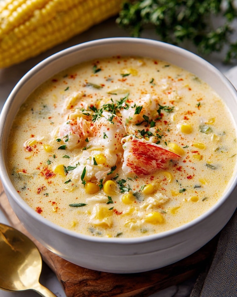 A close-up of a creamy soup in a white bowl showing three main layers: a thick, pale yellow liquid base with small green herbs mixed throughout, bright yellow corn kernels scattered on top, and chunky pieces of white crab meat with a few vibrant red crab shell fragments. Some herbs are sprinkled on top along with a light dusting of red spice. The bowl sits on a light gray cloth over a white marbled surface with a blurred ear of corn in the background. photo taken with an iphone --ar 4:5 --v 7