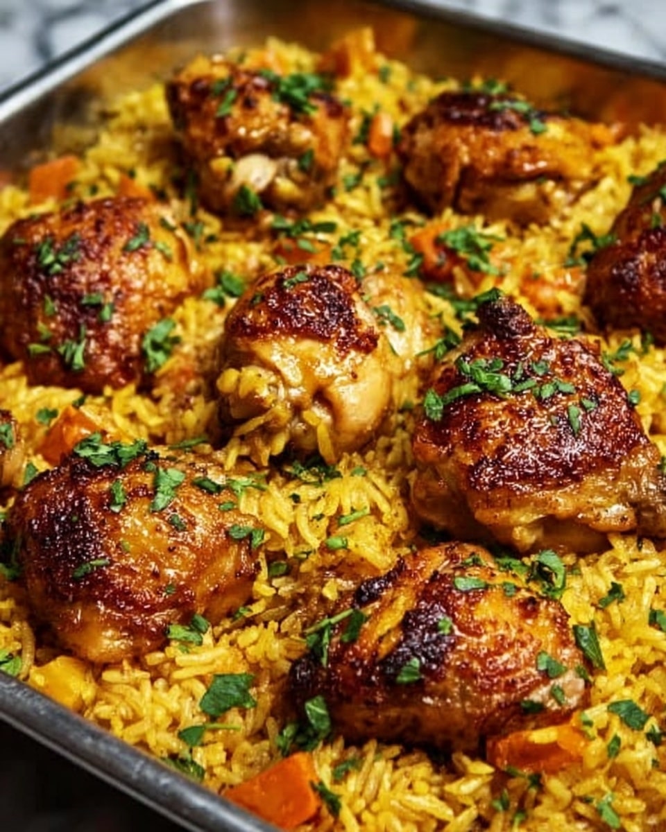 The image shows a close-up of a dish with two main layers: the bottom layer is yellowish-brown cooked rice with a slightly oily, fluffy texture, while the top layer has several pieces of golden-brown seared meat with crispy, charred edges. The meat pieces are sprinkled with small green chopped herbs. The dish is served in a white square pan. The background has a white marbled texture. Photo taken with an iphone --ar 4:5 --v 7