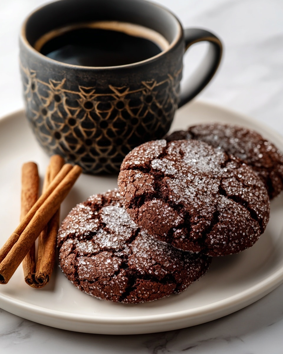 The image shows a close-up of three dark brown, cracked textured cookies with sugar crystals on their surface, placed on a round white plate. To the left of the cookies are two light brown cinnamon sticks lying side by side. Behind the cookies, there is a dark ceramic cup with a smooth upper half and a hexagonal patterned lower half, also on the plate. The scene is set on a white marbled surface. photo taken with an iphone --ar 4:5 --v 7