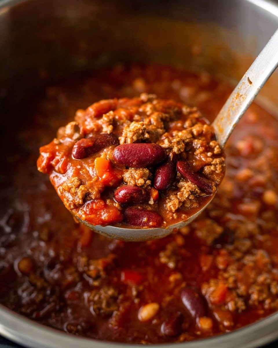 A close-up view of a large silver ladle scooping thick chili from a metal pot. The chili shows three main layers: dark red kidney beans, light brown pinto beans, and crumbled ground meat mixed with tomato sauce. The sauce is red and thick with a shiny texture that covers all ingredients. The background shows the pot filled with the chili, creating a warm and hearty look. The overall colors are rich red, brown, and shades of orange. photo taken with an iphone --ar 4:5 --v 7