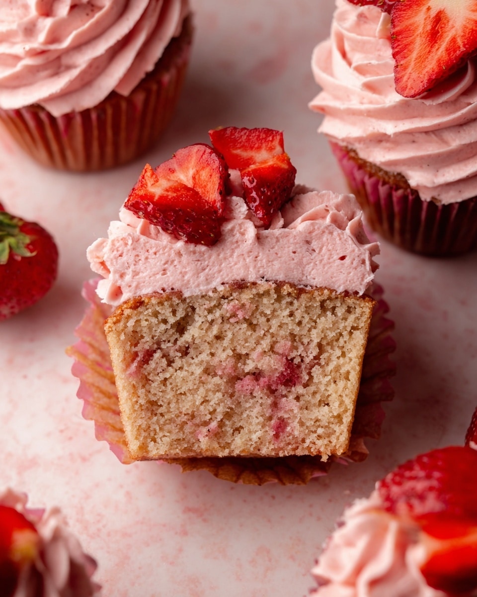 The image shows a strawberry cupcake sliced in half, revealing a soft, light brown crumb with small red strawberry pieces inside. On top of the cupcake is a thick layer of light pink strawberry frosting with a fluffy texture, decorated with fresh, bright red strawberry chunks. Around the cut cupcake, there are whole cupcakes with swirled pink frosting and strawberry pieces on top, all placed on a white marbled surface. photo taken with an iphone --ar 4:5 --v 7
