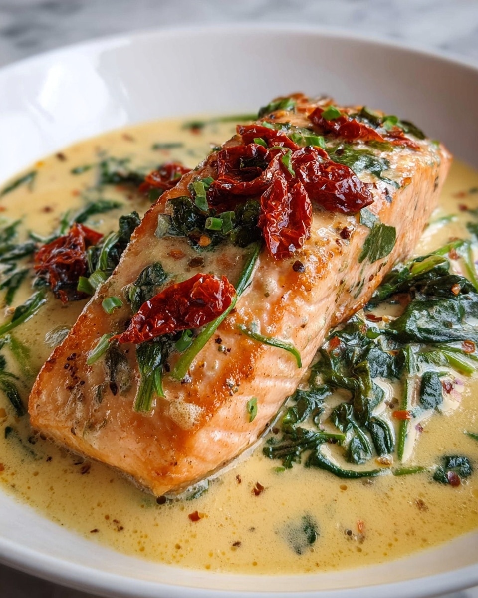 A thick, cooked piece of salmon sits centered on a white bowl, covered by a creamy, light yellow sauce with visible green spinach leaves mixed in. The salmon has a light orange color with hints of browning on top, and is garnished with small bright red sun-dried tomatoes scattered both on the fish and in the sauce around it. The texture of the sauce looks smooth and slightly thick, surrounding the fish and vegetables. Photo taken with an iphone --ar 4:5 --v 7