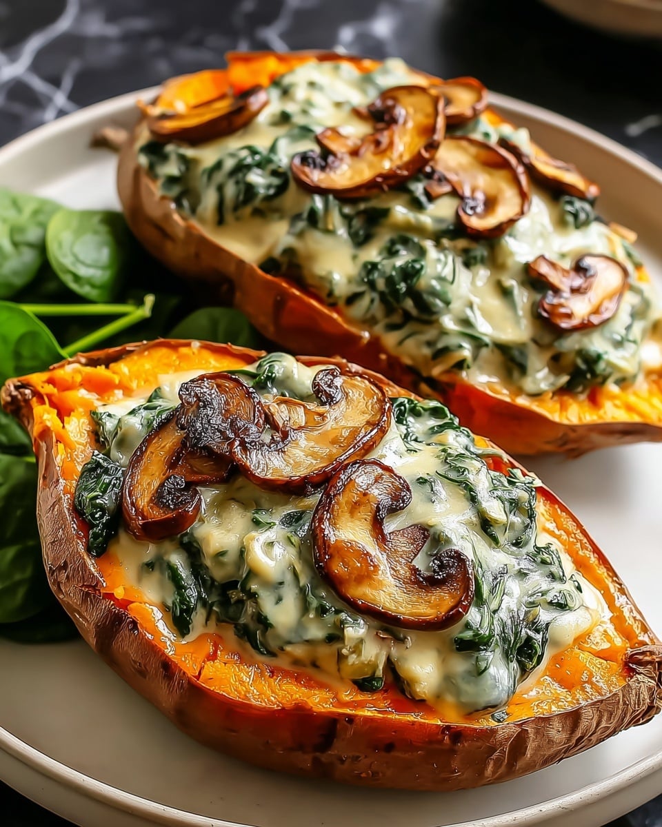 Two halves of a roasted sweet potato placed on a white plate. Each half shows a bright orange, soft interior with slightly wrinkled, browned skin on the edges. On top of the sweet potato is a layer of dark green cooked spinach, followed by round, golden-brown cooked mushroom slices. A creamy, light beige sauce covers the mushrooms and spinach, giving a glossy texture to the dish. The plate sits on a white marbled surface. Photo taken with an iphone --ar 4:5 --v 7