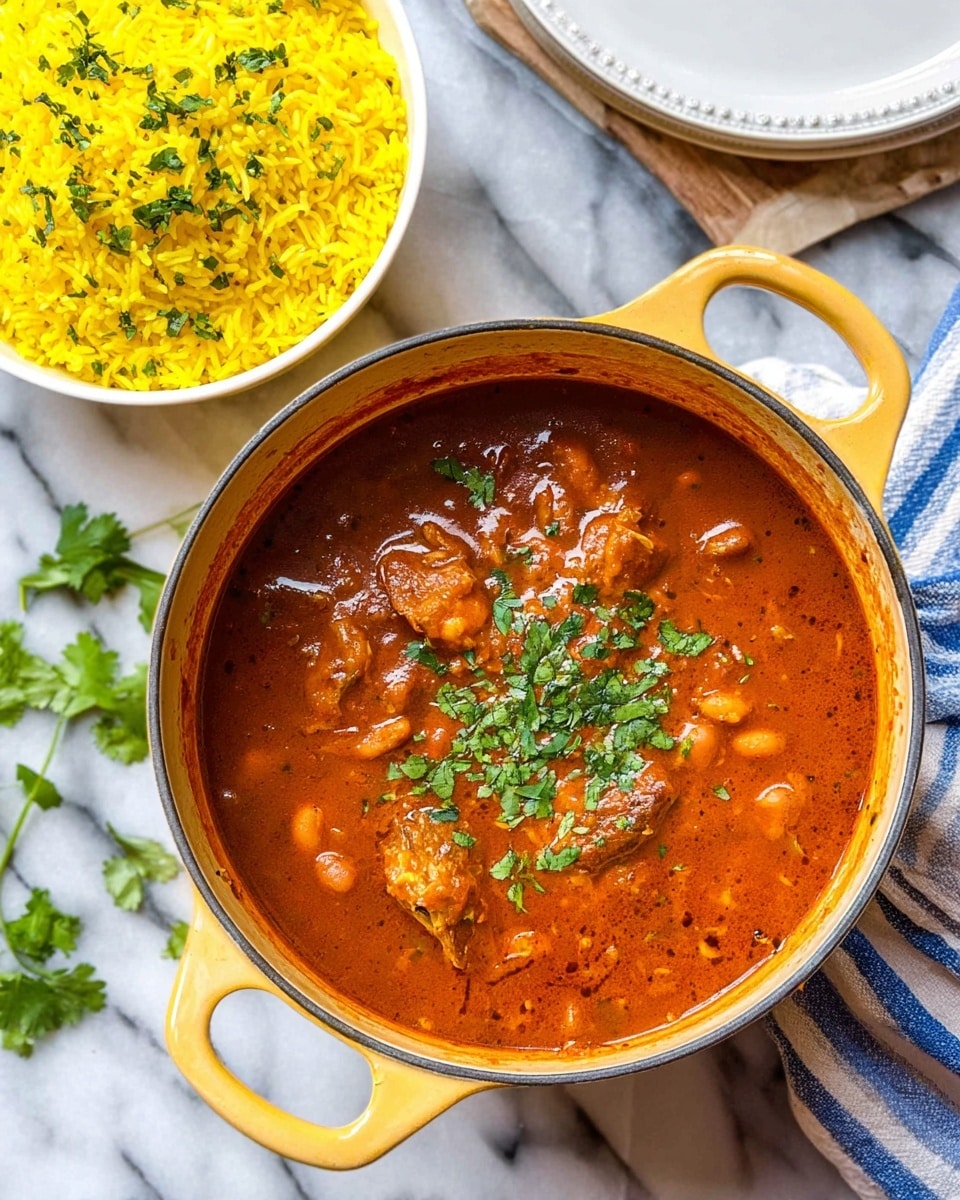A close-up view of a yellow pot filled with thick reddish-brown stew containing chunks of chicken and sliced carrots, with a metal spoon lifting a large piece of chicken covered in sauce from the pot. The sauce looks smooth with a slight shine and a few small bits of herbs scattered throughout. The pot sits on a white marbled surface with some green leaves blurred in the background near the top right corner. A woman's hand holds the spoon at the bottom right edge of the image. Photo taken with an iphone --ar 4:5 --v 7