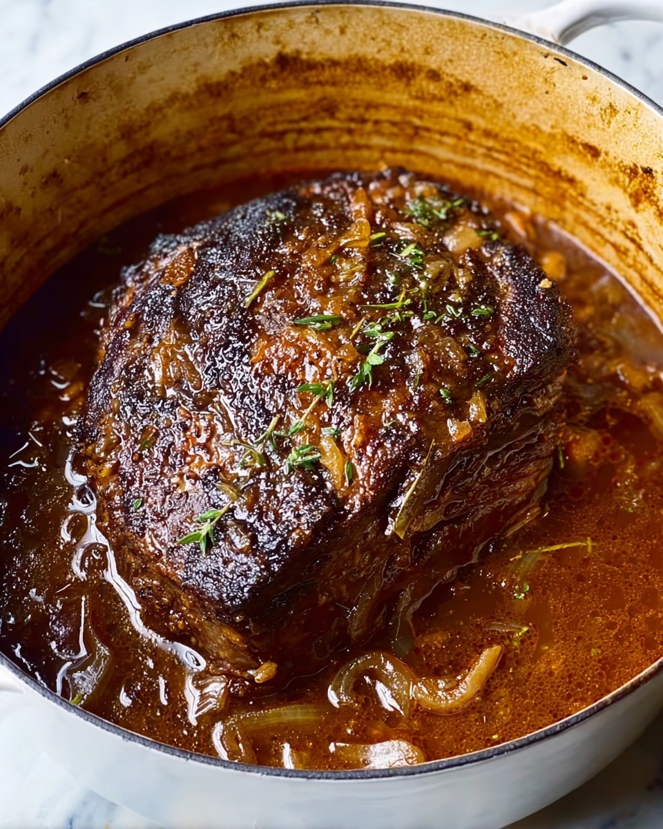 The image shows shredded brown cooked meat mixed with soft, translucent caramelized onions in a rich, glossy brown sauce. Small green herb leaves are scattered on top, adding a fresh touch. A wooden spoon is lifting a scoop of the meat and onions, with the spoon’s texture and light wood grain clearly visible. The dish sits on a white marbled surface. The colors are warm and earthy with the meat’s fibrous texture and the sauce’s shiny thickness standing out. Photo taken with an iphone --ar 4:5 --v 7