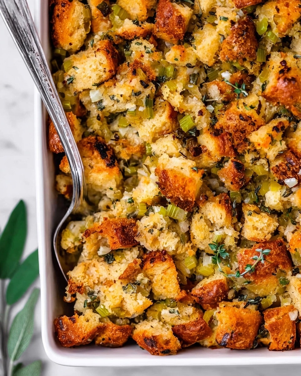 The image shows a close-up of a baked dish with several layers of toasted bread pieces in light golden brown, mixed with small orange carrot slices and translucent chopped celery. The mixture is seasoned with green and black herbs sprinkled on top, giving it a textured look with small bits of onion visible. A silver spoon is scooping a portion from a white dish, and a woman's hand is holding the spoon. The background is a white marbled surface. photo taken with an iphone --ar 4:5 --v 7