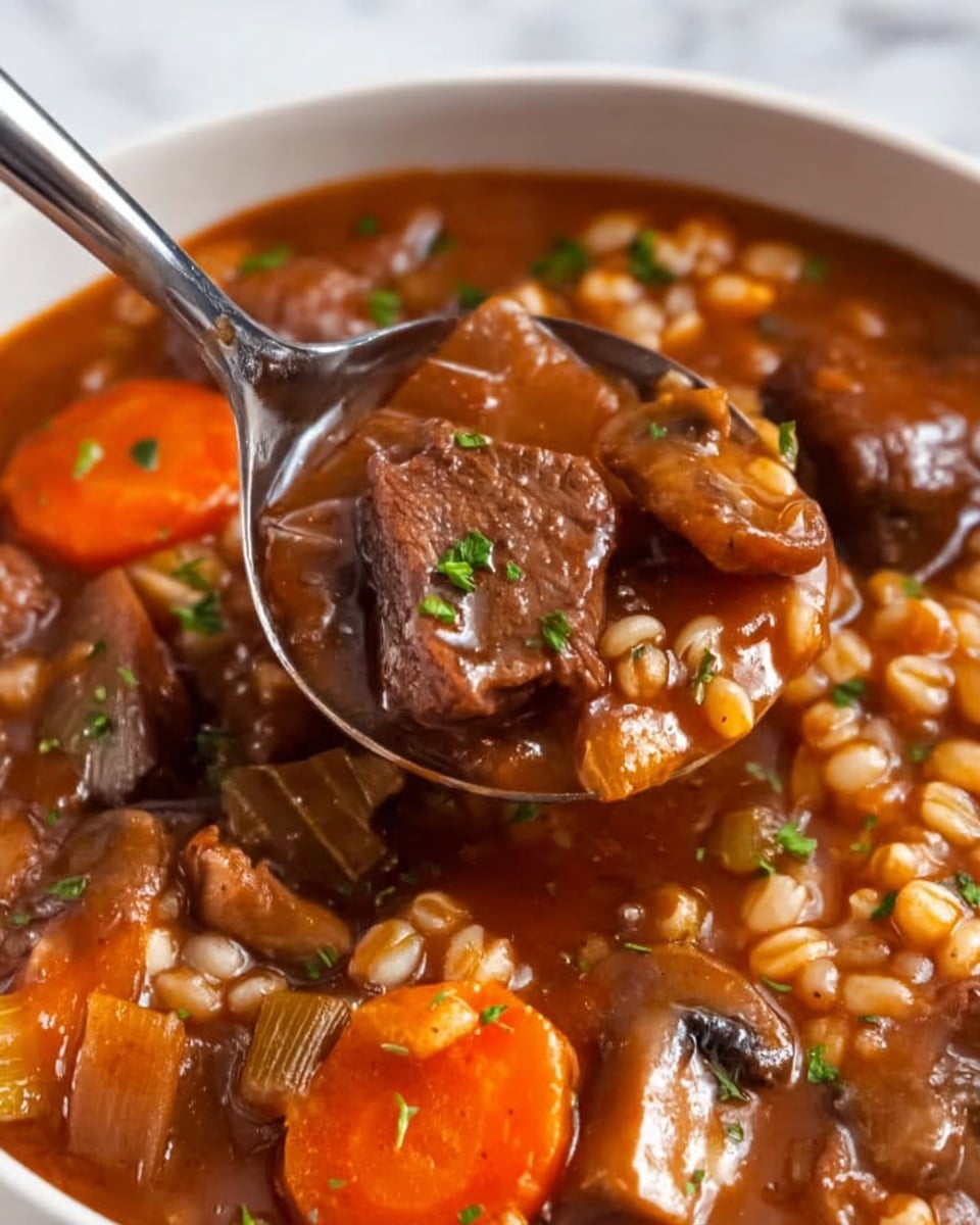 The image shows a white bowl filled with a thick, brown beef stew with barley and vegetables on a white marbled surface. The stew has visible chunks of dark brown beef, bright orange carrot slices, and small barley grains mixed in a rich brown broth. It is garnished with green parsley sprinkled on top. A black spoon is placed to the left of the bowl, along with several light-colored round crackers. Some green parsley sprigs are partially visible in the background. photo taken with an iphone --ar 4:5 --v 7