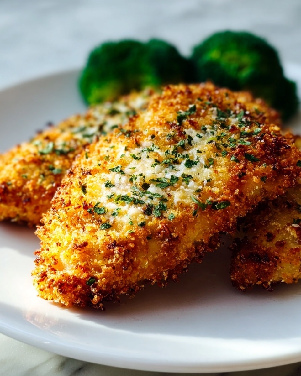 The image shows two golden brown crispy breaded chicken pieces placed on a white plate. The breading is crunchy with herbs and small green flecks all over. Behind the chicken, there are two small bright green broccoli florets. The plate is on a white marbled surface with soft natural light shining from the side, making the chicken appear warm and inviting. Photo taken with an iphone --ar 4:5 --v 7