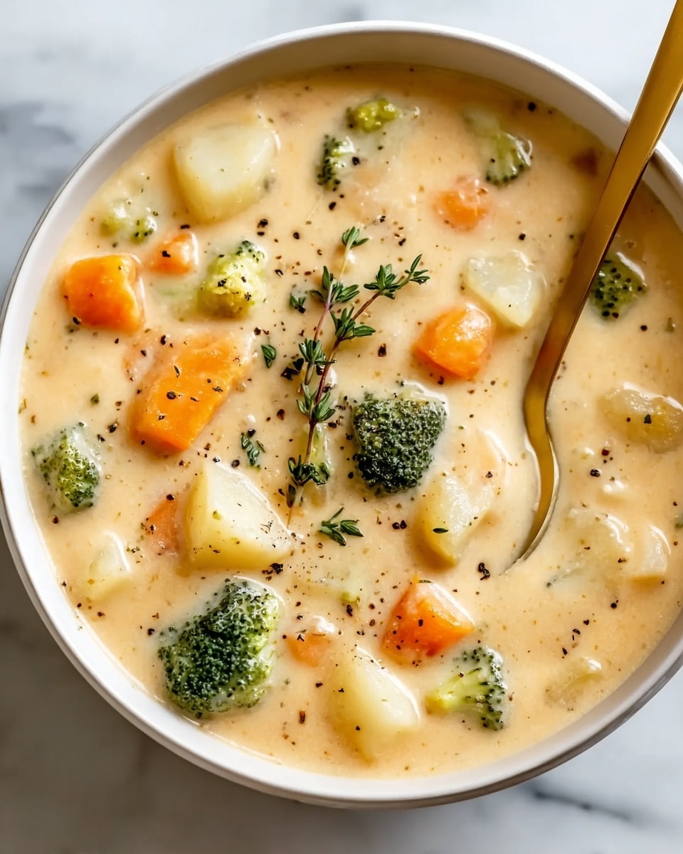 The image shows a close-up of a dark bowl filled with thick vegetable soup. The soup has a creamy yellow base with small chunks of orange carrots, white potatoes, and green broccoli pieces scattered throughout. A small sprig of fresh green thyme sits on top in the center. A gold spoon is partially submerged in the soup near the edge of the bowl. The bowl is placed on a white marbled surface, and in the background, out of focus, there is another similar bowl and a white plate with slices of bread on it. The overall look is warm and comforting. Photo taken with an iphone --ar 4:5 --v 7