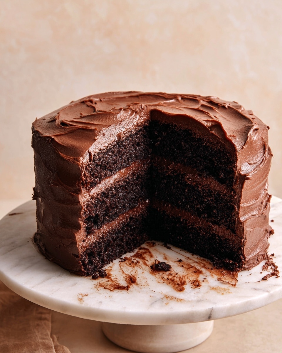 A close-up of a slice of three-layer dark chocolate cake with rich, smooth chocolate frosting between each layer and covering the sides. The cake looks moist and dense with a slightly shiny texture on the frosting. It is placed on a white plate with a scalloped edge, sitting on a white marbled surface with a few small bits of chocolate around it. Part of the cake slice is in sharp focus while the background is softly blurred, showing another piece of cake on a similar white plate. Photo taken with an iphone --ar 4:5 --v 7